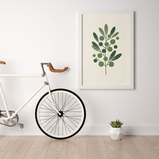 Olive Branch Minimalist Poster in a white frame, elegantly displayed on a modern white wall beside a vintage bicycle. Perfect for contemporary decor.