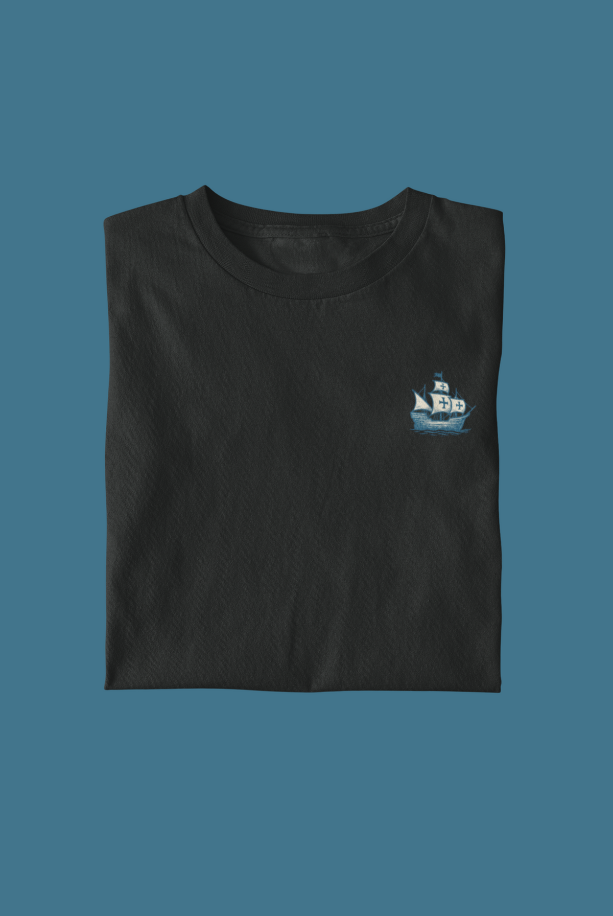 Folded eco-friendly t-shirt with caravela line art.