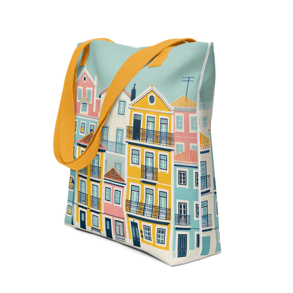 Lisbon Tote Bag from the Alfama Collection featuring colorful Portuguese architecture. Spacious and durable with vibrant yellow straps.
