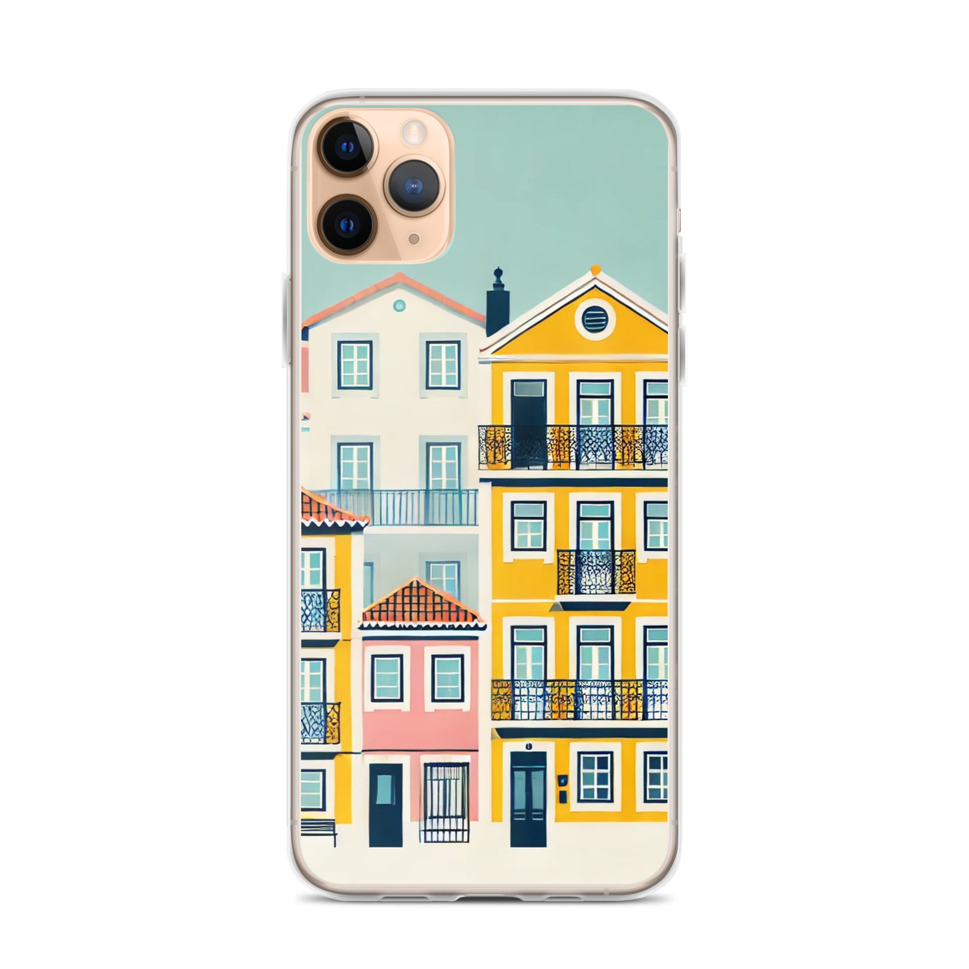 Lisbon Alfama iPhone® Clear Case with vibrant house design. A sleek and durable phone cover capturing the charm of Lisbon's historic district.