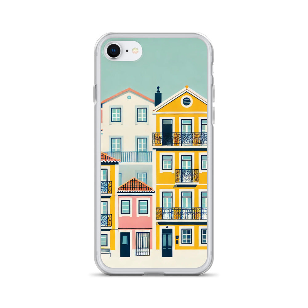 iPhone® Cover Lisbon Alfama Clear Case featuring a colorful illustration of Lisbon's iconic houses. Stylish and protective phone case for various iPhone models.