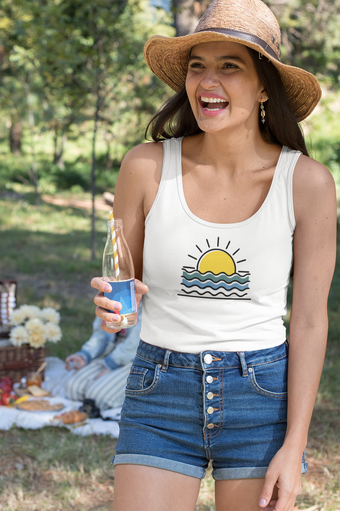 Front view of the Sunset Over the Atlantic Tank Top for Women, featuring a bold sunset logo.
