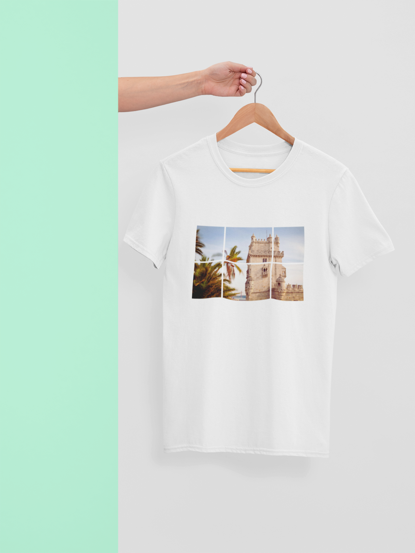 Close-up of the Torre de Belém Print on an Organic T-Shirt, showcasing intricate details.