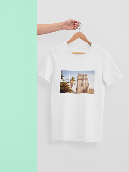 Close-up of the Torre de Belém Print on an Organic T-Shirt, showcasing intricate details.