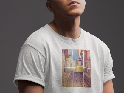Man wearing a Lisbon Tram T-shirt featuring a vibrant yellow tram design. Made from organic, eco-friendly fabric for a stylish and sustainable look.