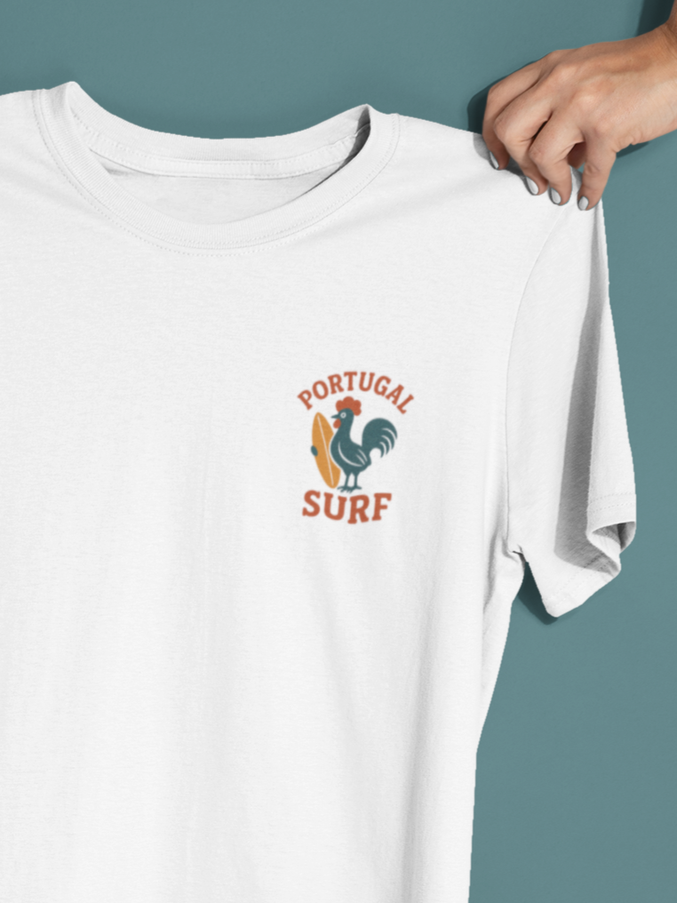 Side view of the Unisex Retro Portugal Surf Shirt, relaxed fit.