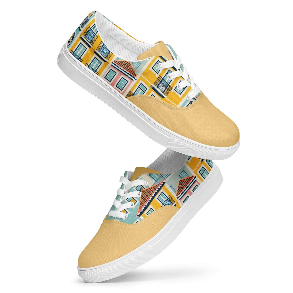 Durable and comfy Lisbon's Alfama Sneakers with a colorful Lisbon yellow pattern. Perfect for casual wear with a unique Portuguese touch.