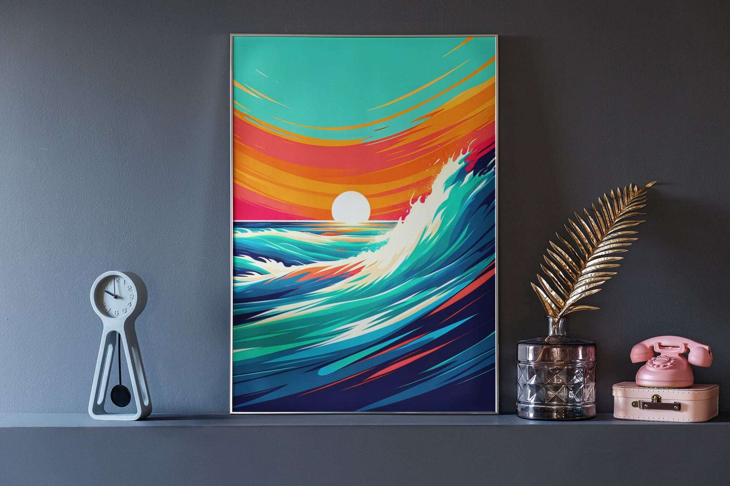 Framed Costa Vicentina print with bold waves and a sunset, displayed on a dark wall. Ideal artwork for surf and ocean enthusiasts.