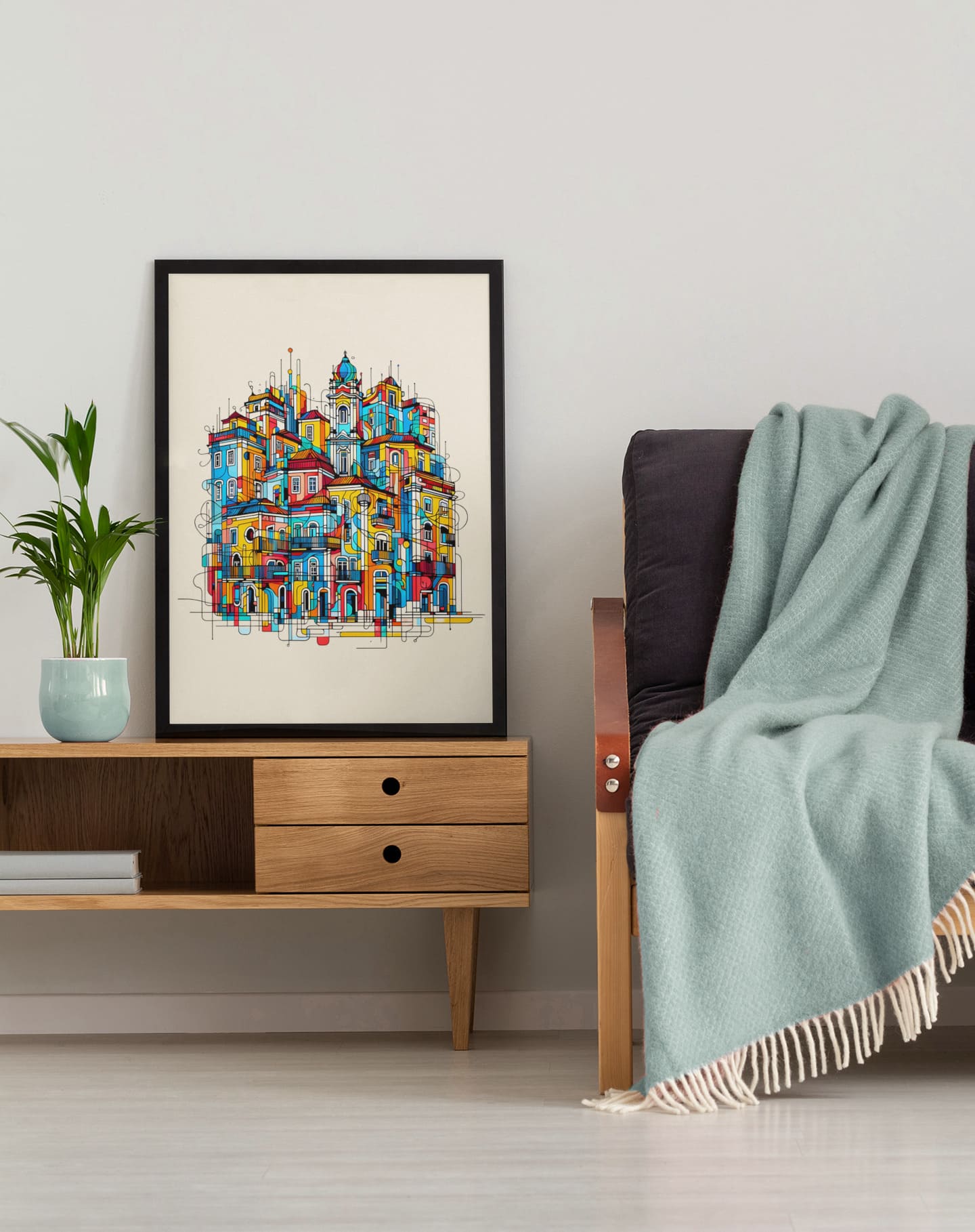 Porto Traditional Houses Poster in a black frame, placed on a wooden console next to a cozy armchair, creating a warm and inviting space.