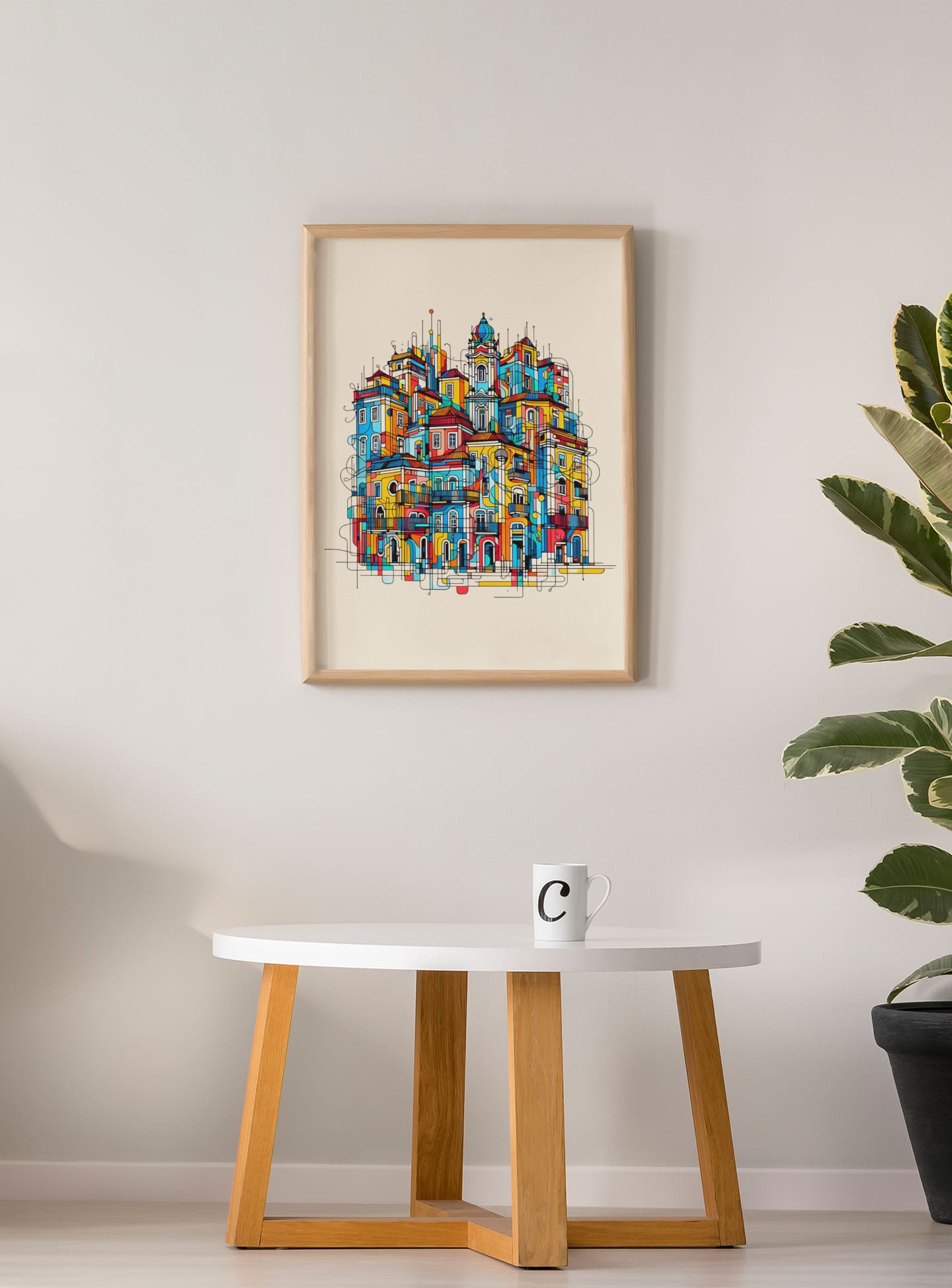 Porto Traditional Houses Poster in a wooden frame, elegantly displayed above a modern coffee table in a minimalist living space.