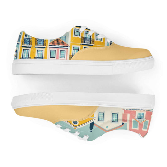 Lisbon's Alfama Sneakers featuring a vibrant yellow pattern inspired by Lisbon's historic district. Stylish unisex sneakers with a durable sole.