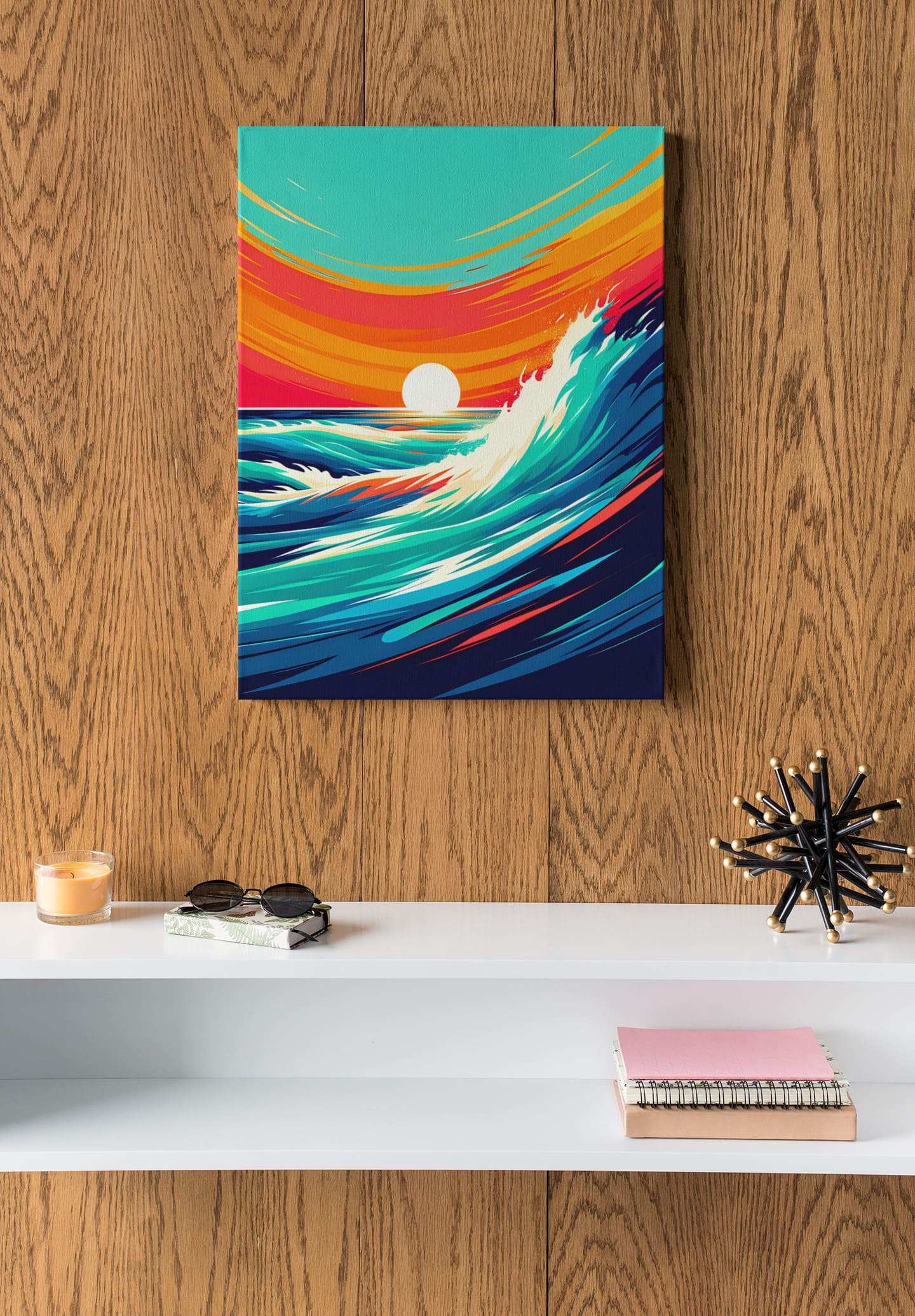 Costa Vicentina wave print on canvas, mounted on a wooden wall. A bold and colorful surf decor piece for contemporary interiors.