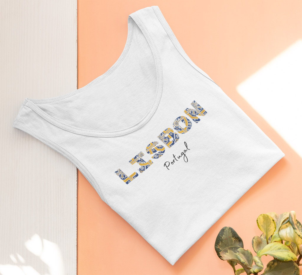 Lightweight Lisbon Tank Top featuring Pastéis de Nata-inspired letter designs.