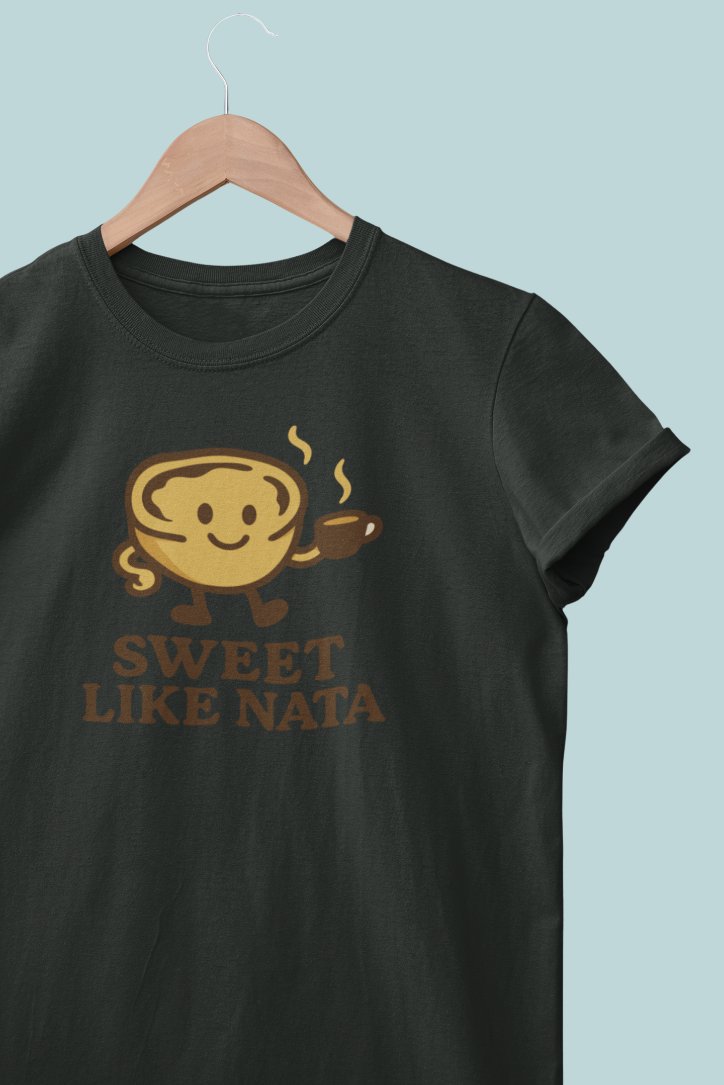 Crisp white organic t-shirt with pastel de nata and coffee cup design.