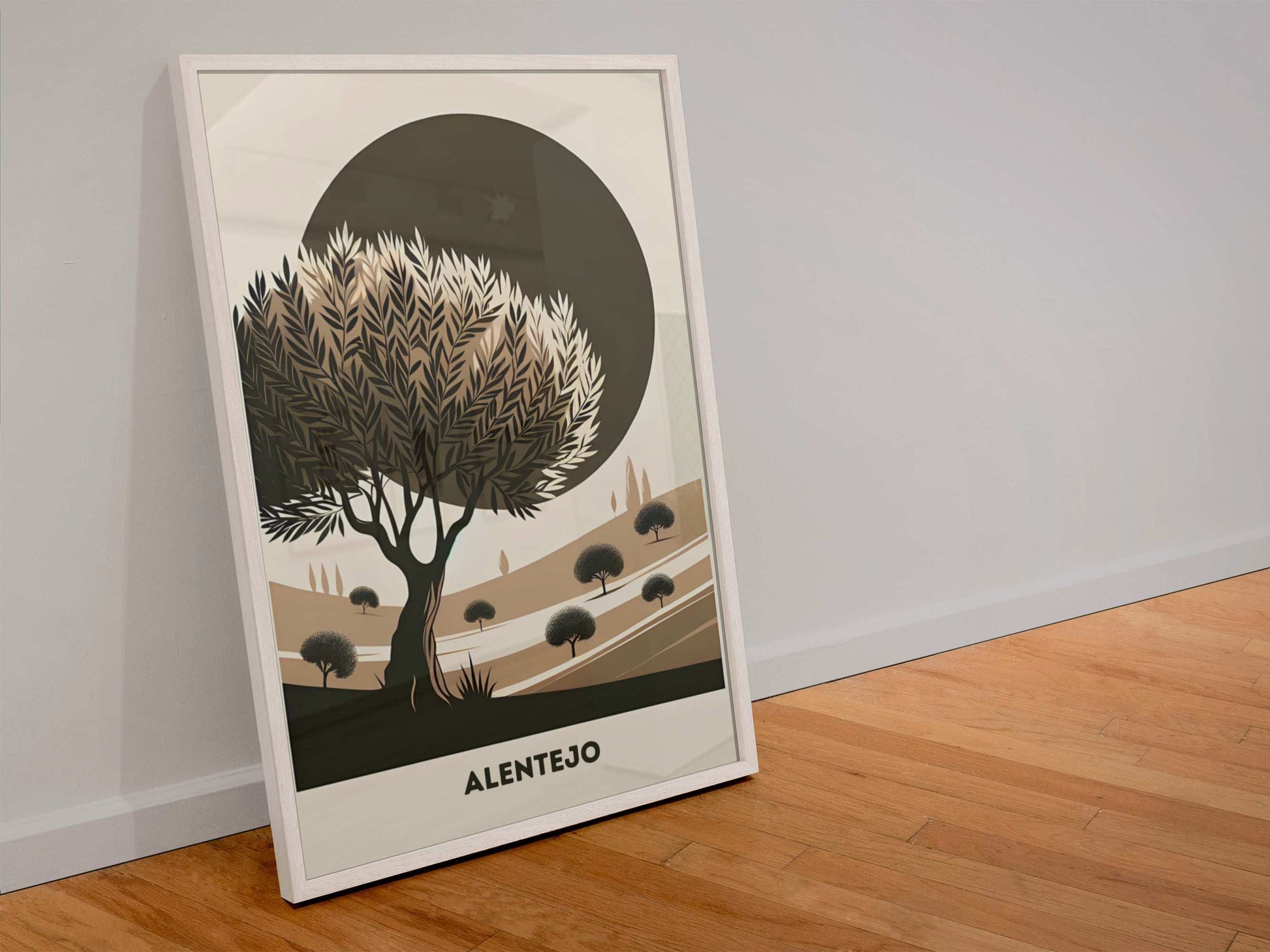 Alentejo Cork Tree Printed Poster in a white frame resting on a wooden floor. A stylish and rustic artwork for contemporary interiors.