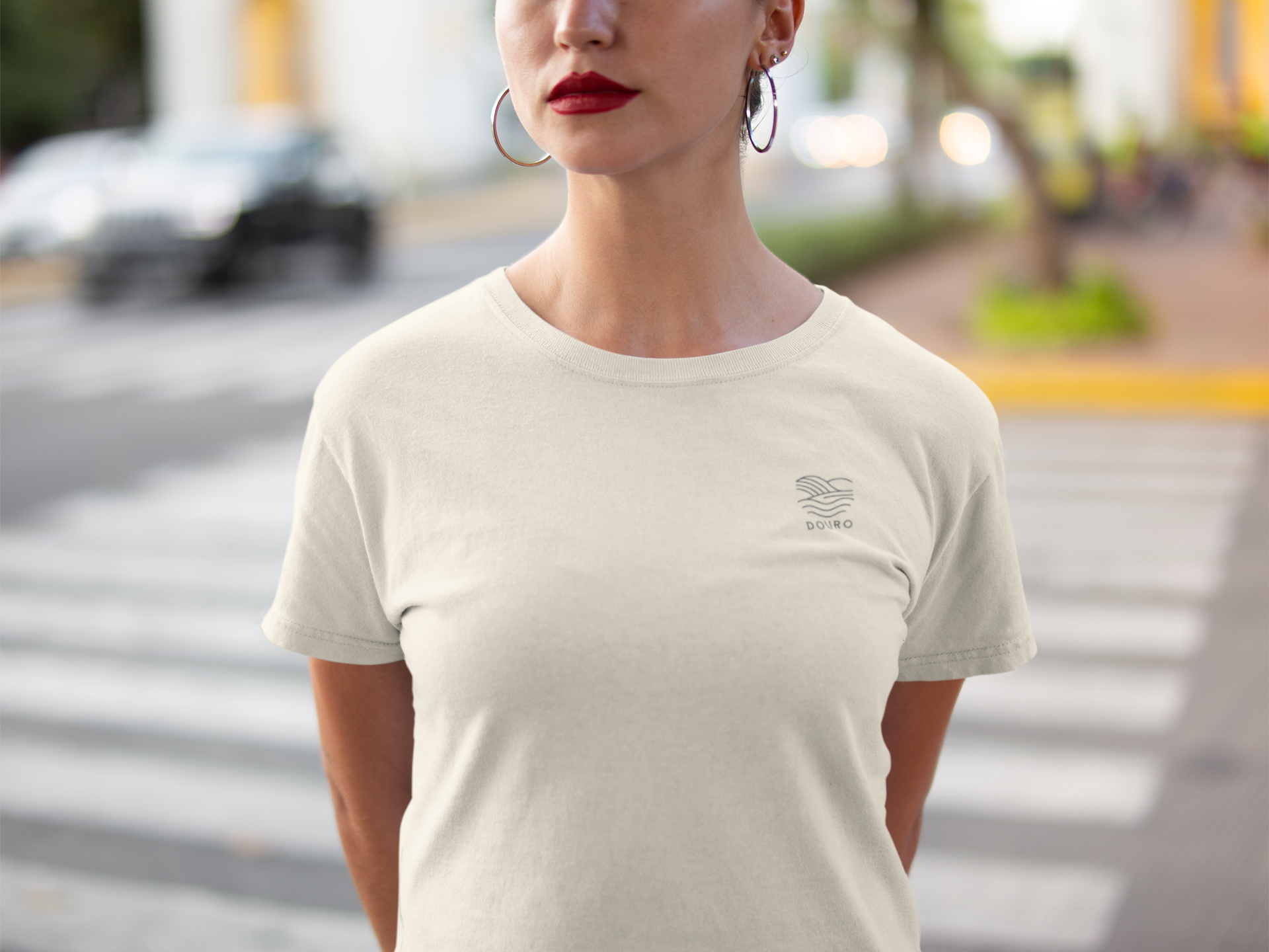 White tee with Douro Valley-inspired line design.