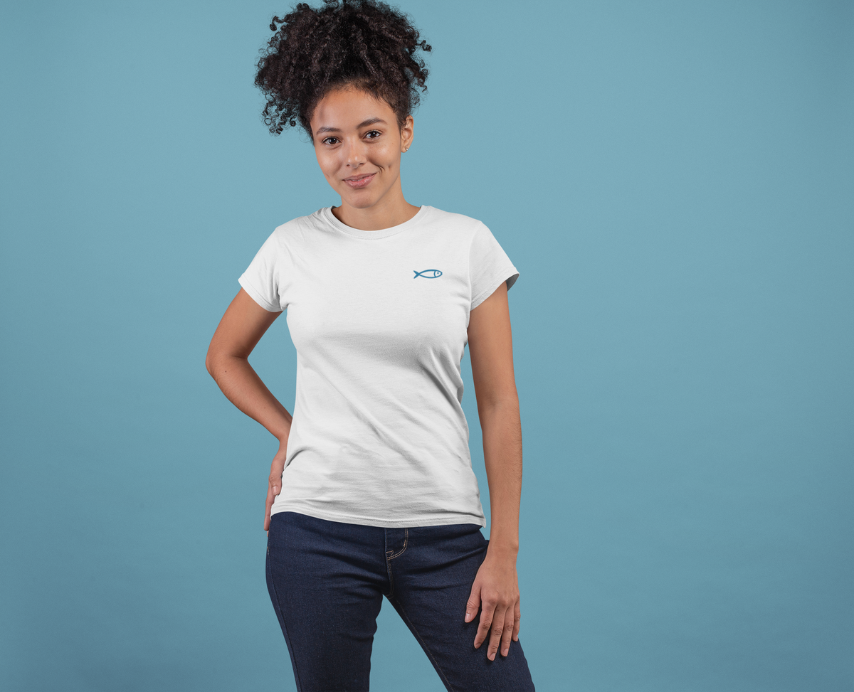 Line-art sardine logo printed on the chest of a white shirt.