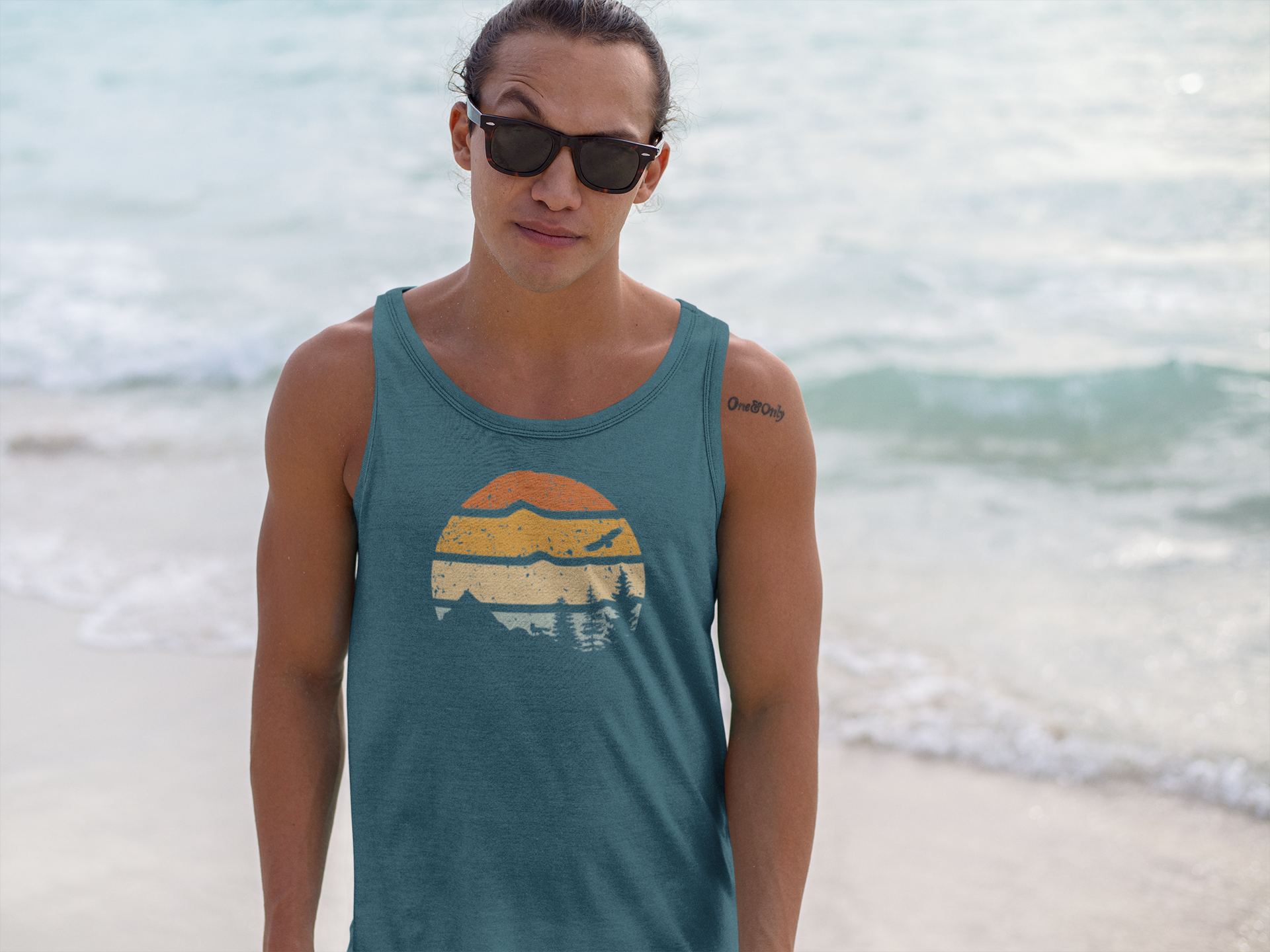 Men's teal Madeira Vintage Tank Top with a retro sunset and mountain design. Organic cotton, perfect for hiking and outdoor activities.