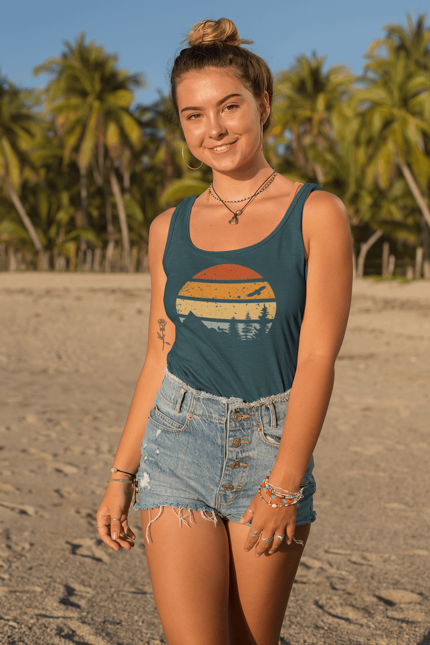 Women's Madeira Vintage Tank Top in teal with a retro sunset design. Made from organic cotton, ideal for casual summer and beach outfits.