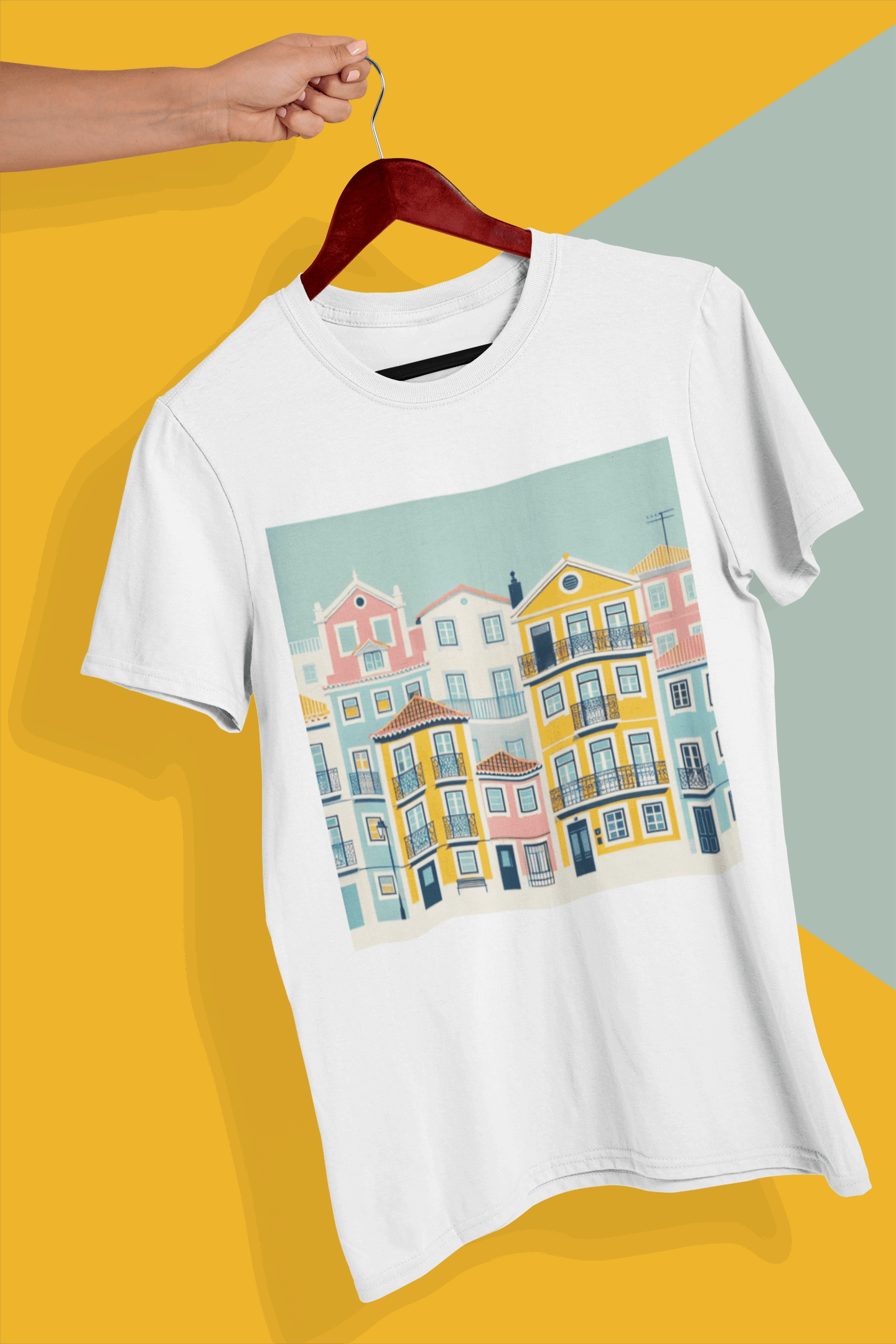 White unisex T-shirt with Lisbon Alfama houses design, made from organic cotton. Eco-friendly and stylish, perfect for casual wear or gifting.