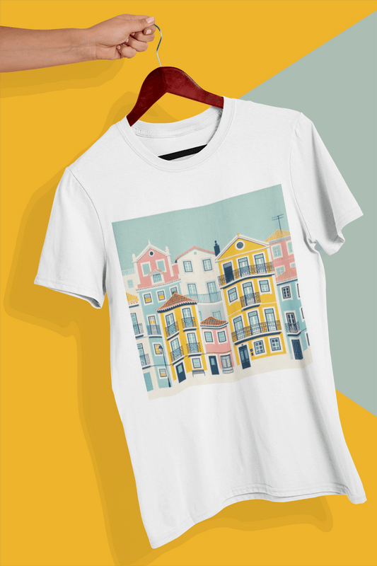 White unisex T-shirt with Lisbon Alfama houses design, made from organic cotton. Eco-friendly and stylish, perfect for casual wear or gifting.