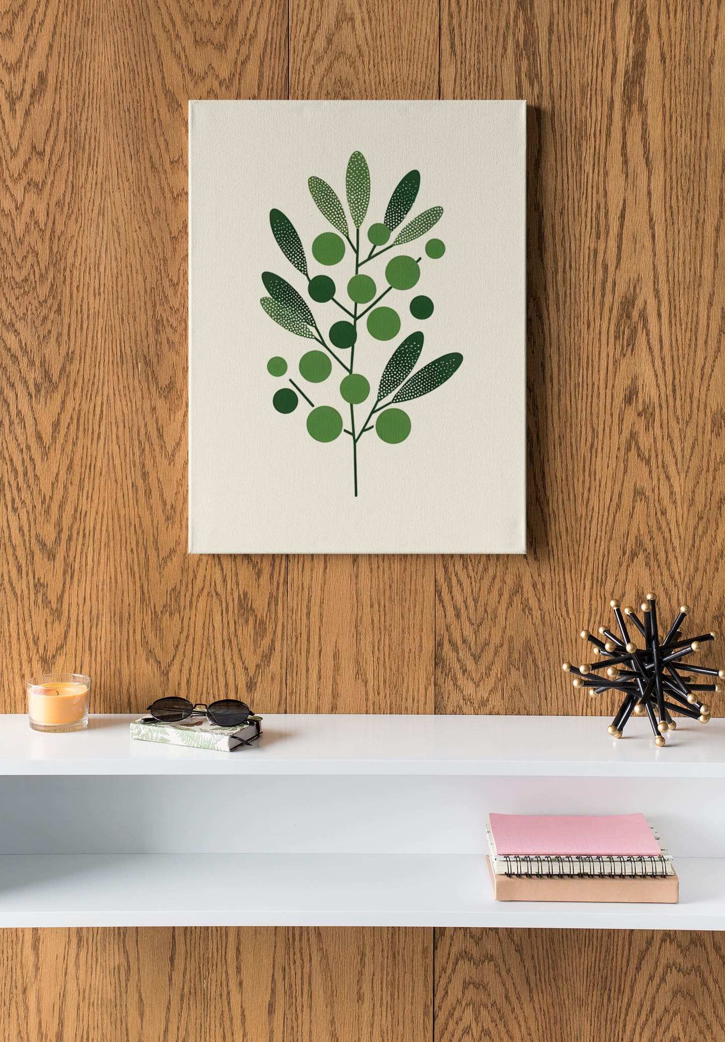 Minimalist Olive Branch Poster on canvas, mounted on a wooden wall above a sleek white shelf. A stylish botanical artwork for modern interiors.