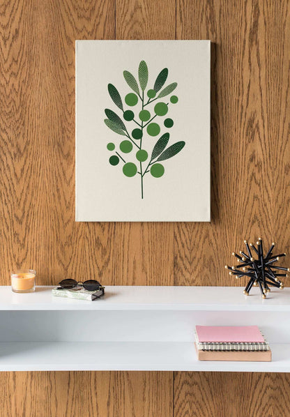 Minimalist Olive Branch Poster on canvas, mounted on a wooden wall above a sleek white shelf. A stylish botanical artwork for modern interiors.