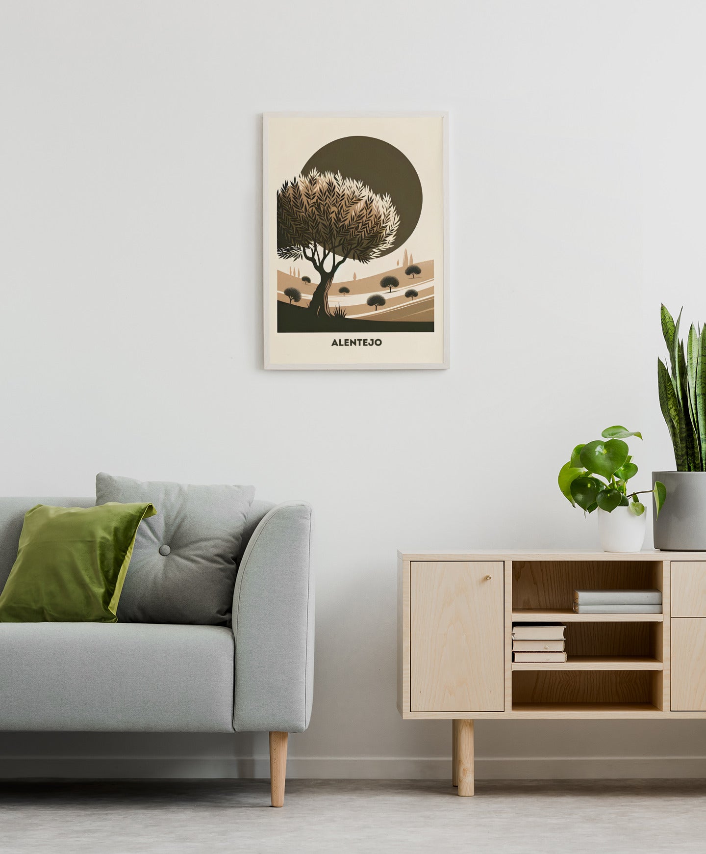 Framed Alentejo Cork Tree Printed Poster hanging above a modern sofa. A perfect blend of rustic charm and minimalist home decor.