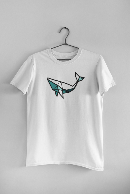 Model wearing the Unisex Açores Whale T-Shirt, inspired by marine life.
