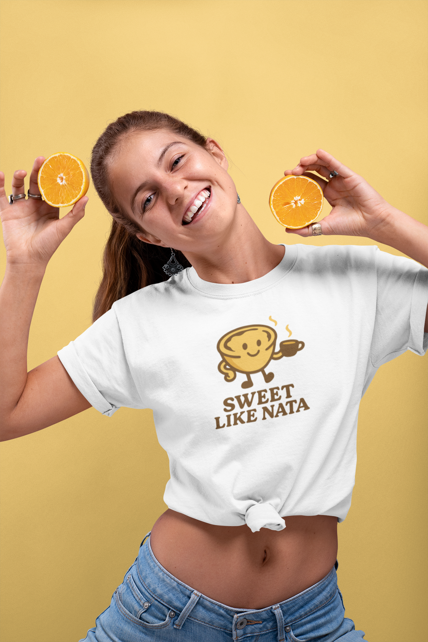 Woman wearing “Sweet Like Nata” organic cotton t-shirt.