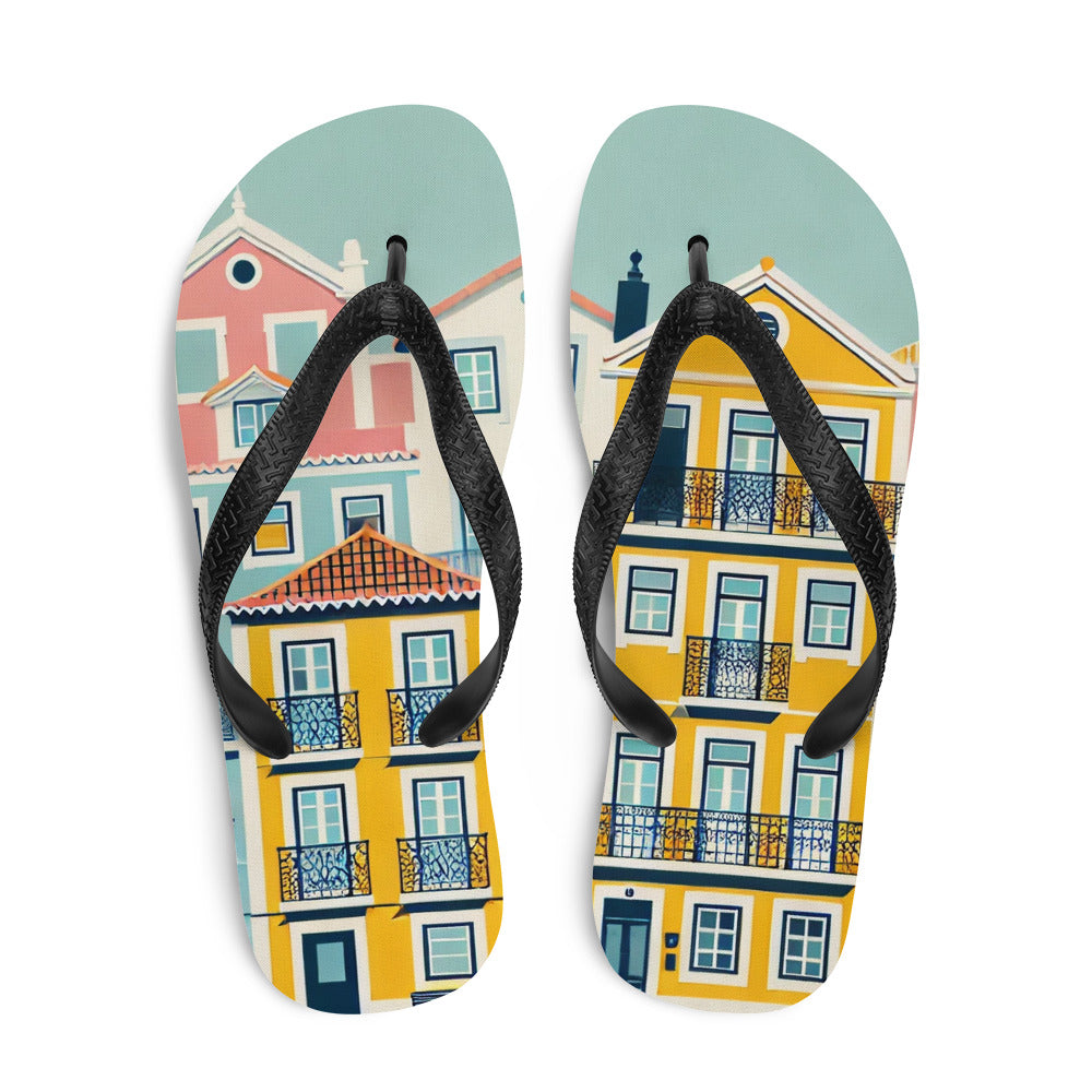 Top view of Lisbon's Beach Flip Flops from the Alfama Collection, showcasing a colorful and durable design inspired by Portuguese architecture.