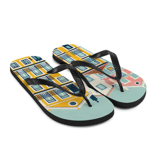 Lisbon's Beach Flip Flops from the Alfama Collection featuring a colorful design with Portuguese architecture, perfect for summer comfort and style.