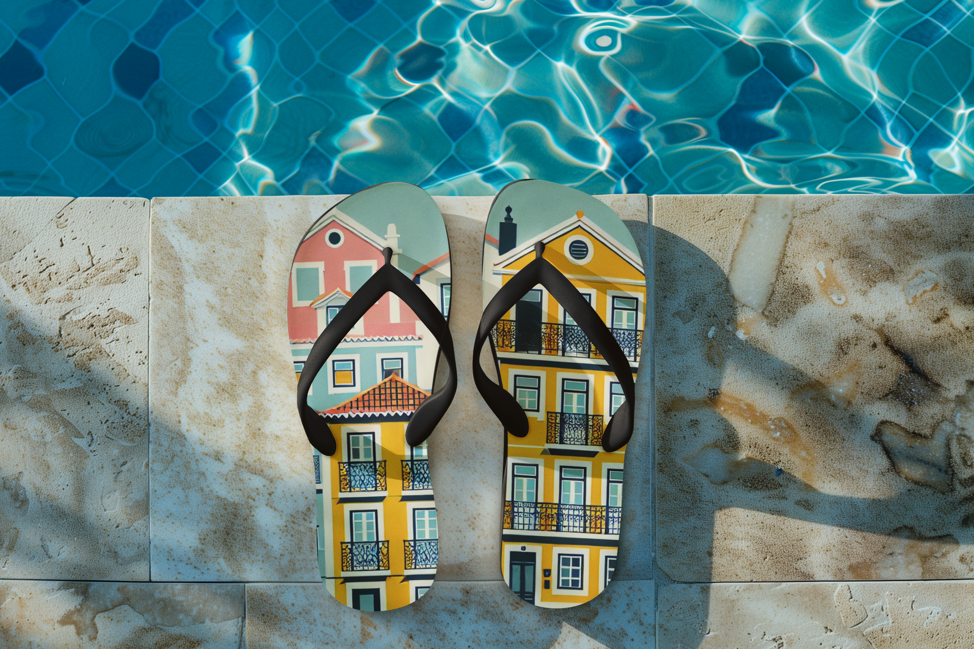 Alfama Collection flip flops with Lisbon-inspired design placed by a swimming pool, perfect for stylish and comfortable summer wear.