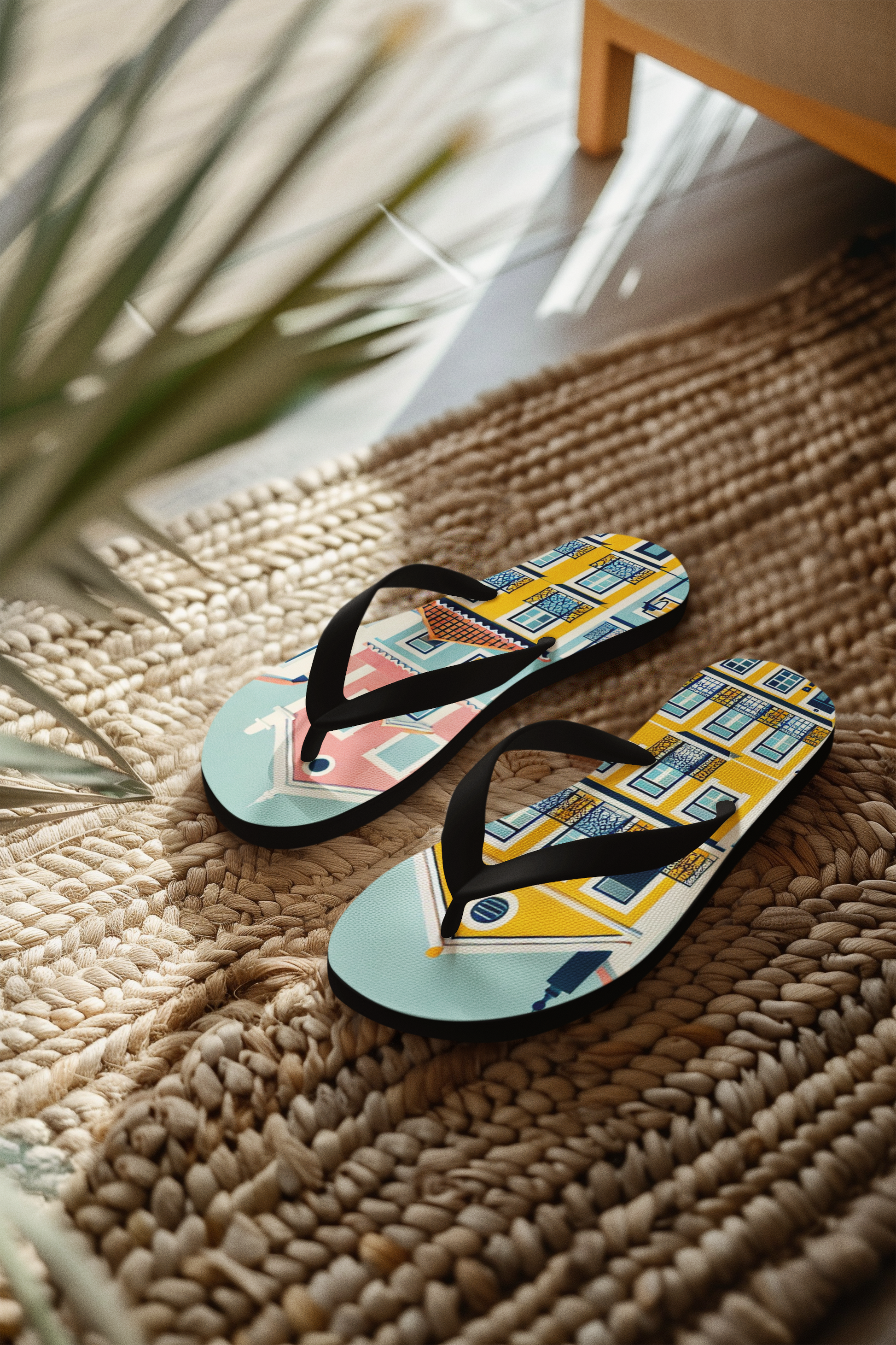 Lisbon's Beach Flip Flops from the Alfama Collection placed on a woven rug, showcasing a vibrant and stylish Portuguese architectural design.