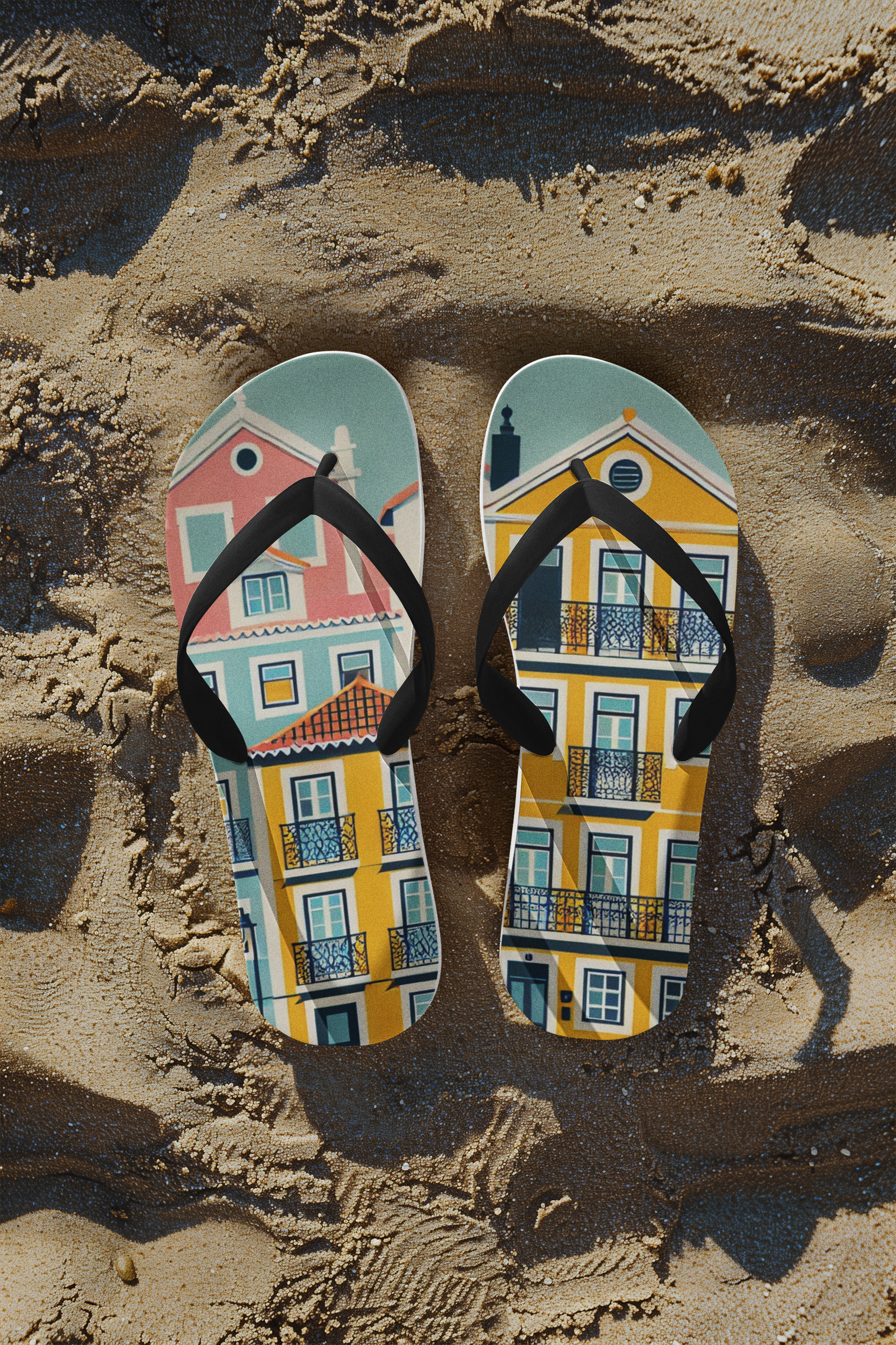 Colorful Lisbon-themed flip flops from the Alfama Collection resting on sandy beach, offering comfort and durability for sunny adventures.