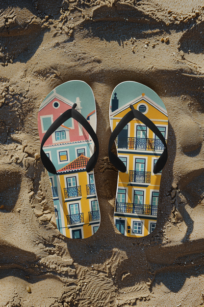 Colorful Lisbon-themed flip flops from the Alfama Collection resting on sandy beach, offering comfort and durability for sunny adventures.