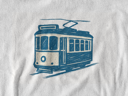 Minimalist tram brush lines on organic cotton t-shirt.