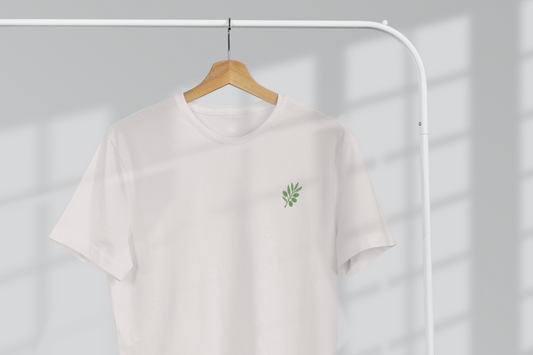 Unisex t-shirt with minimal olive branch logo on chest.