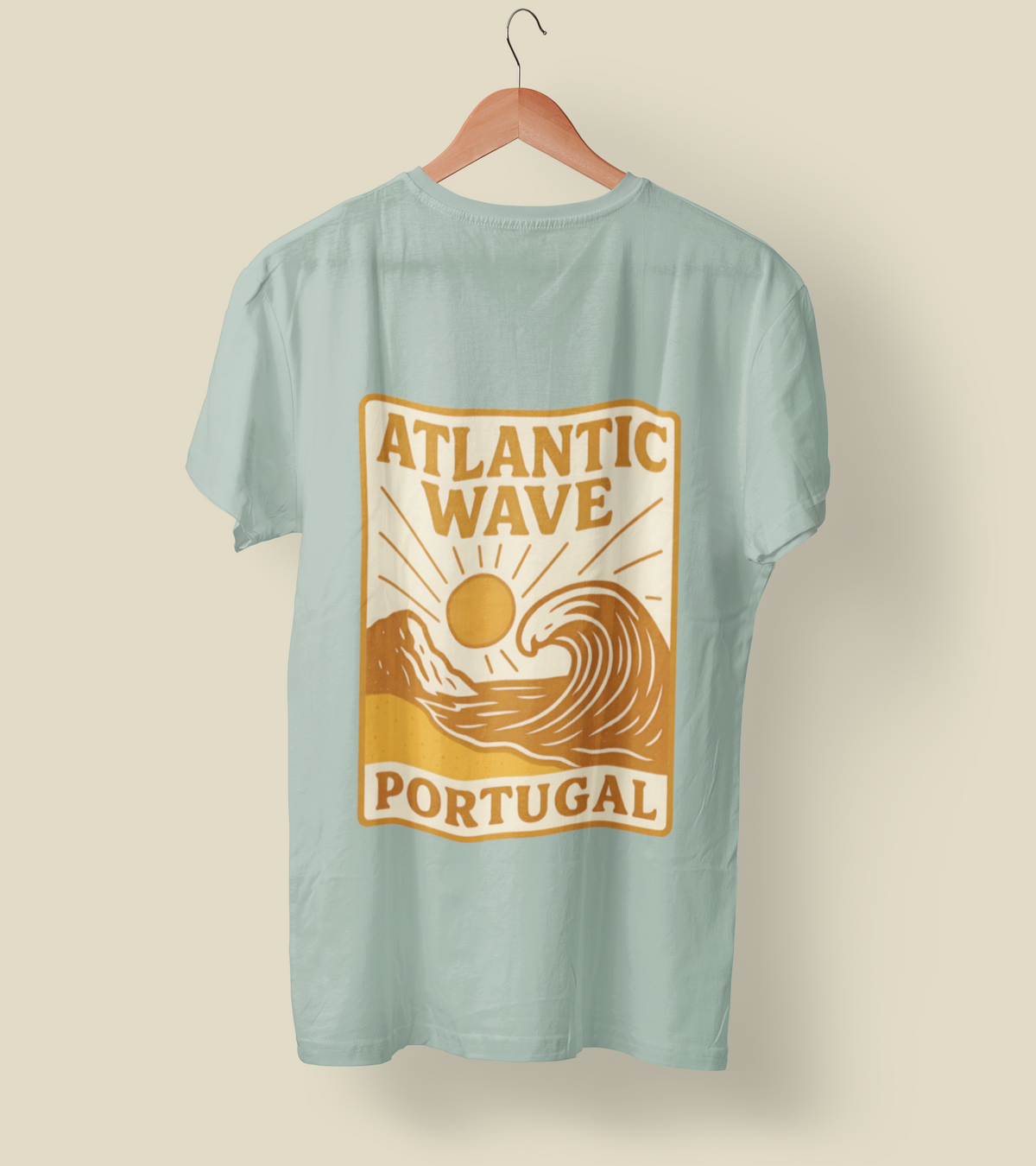 Light green organic cotton T-shirt with Atlantic Wave Portugal graphic, eco-friendly gift idea.