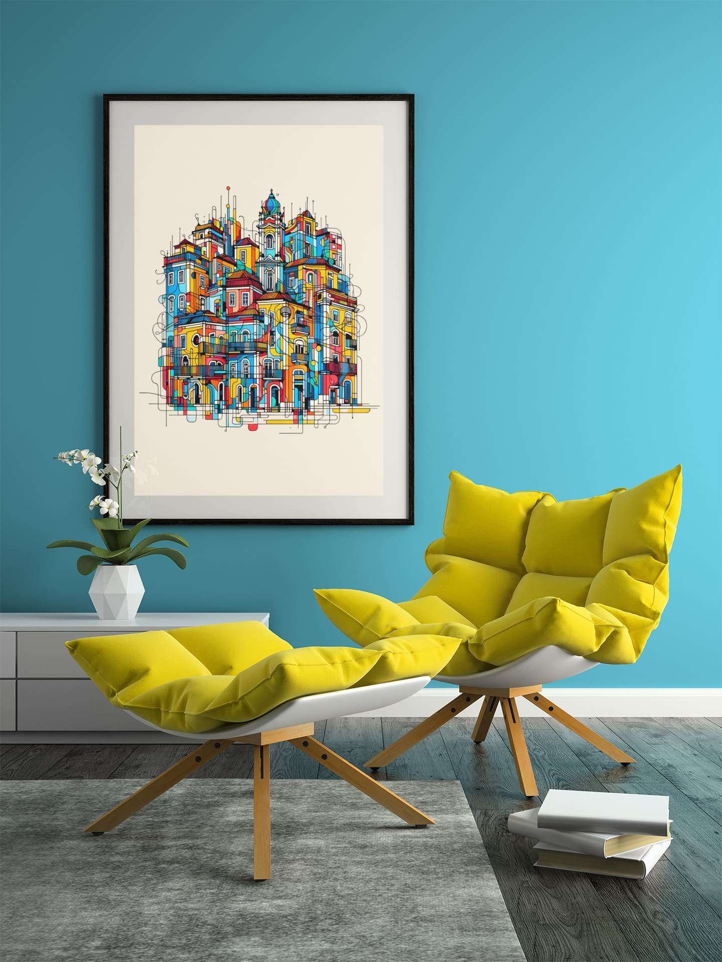 Porto Traditional Houses Poster in a sleek black frame, complementing a stylish blue wall and yellow accent chairs in a contemporary living room.