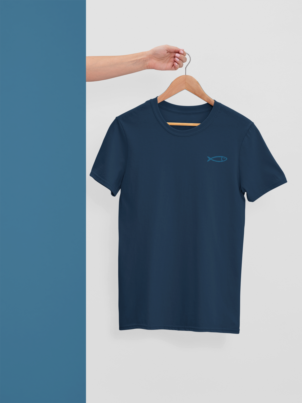 Navy blue organic cotton crew neck t-shirt with minimalist sardine graphic, sustainable Portugal gift style.