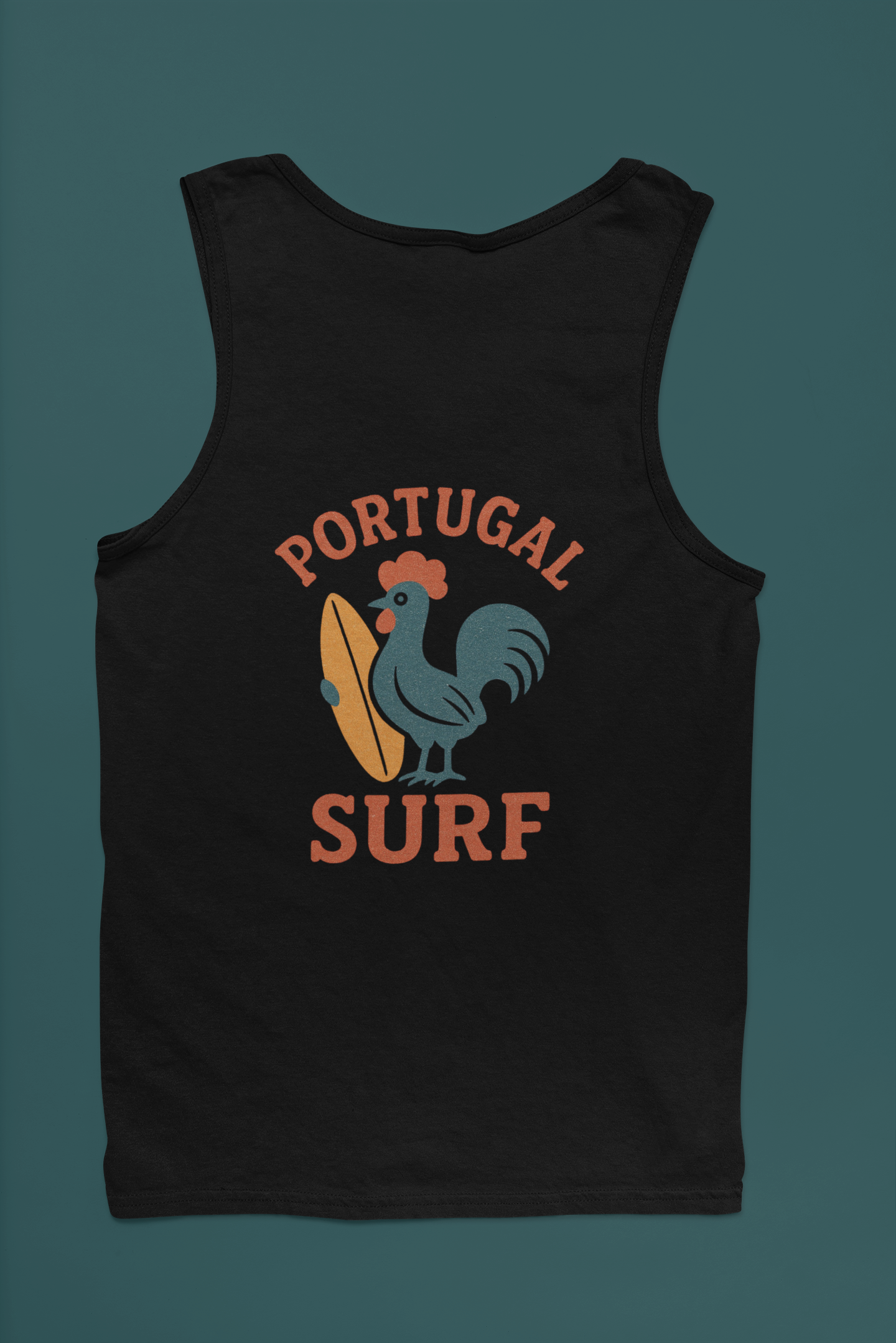 Black tank top with a rooster and surfboard design on a teal background