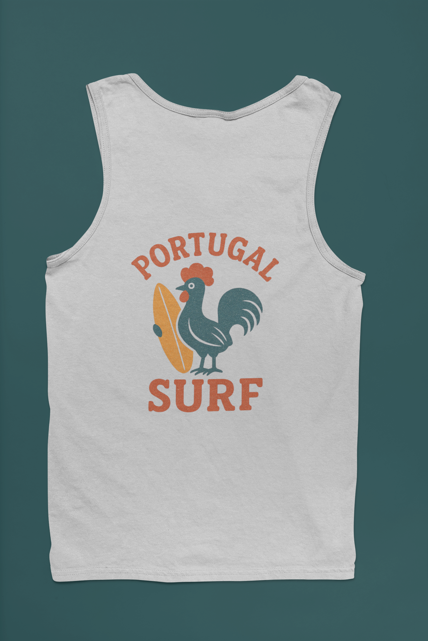 White tank top with 'Portugal Surf' design featuring a rooster and surfboard on a dark green background