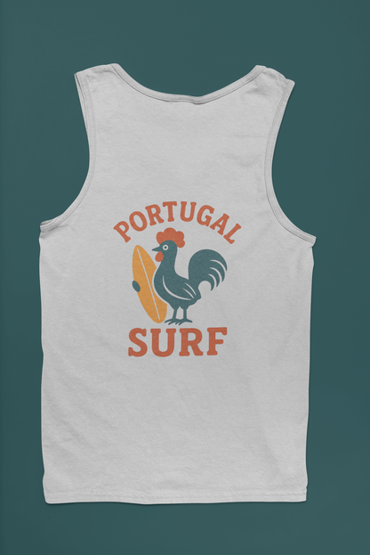 White tank top with 'Portugal Surf' design featuring a rooster and surfboard on a dark green background