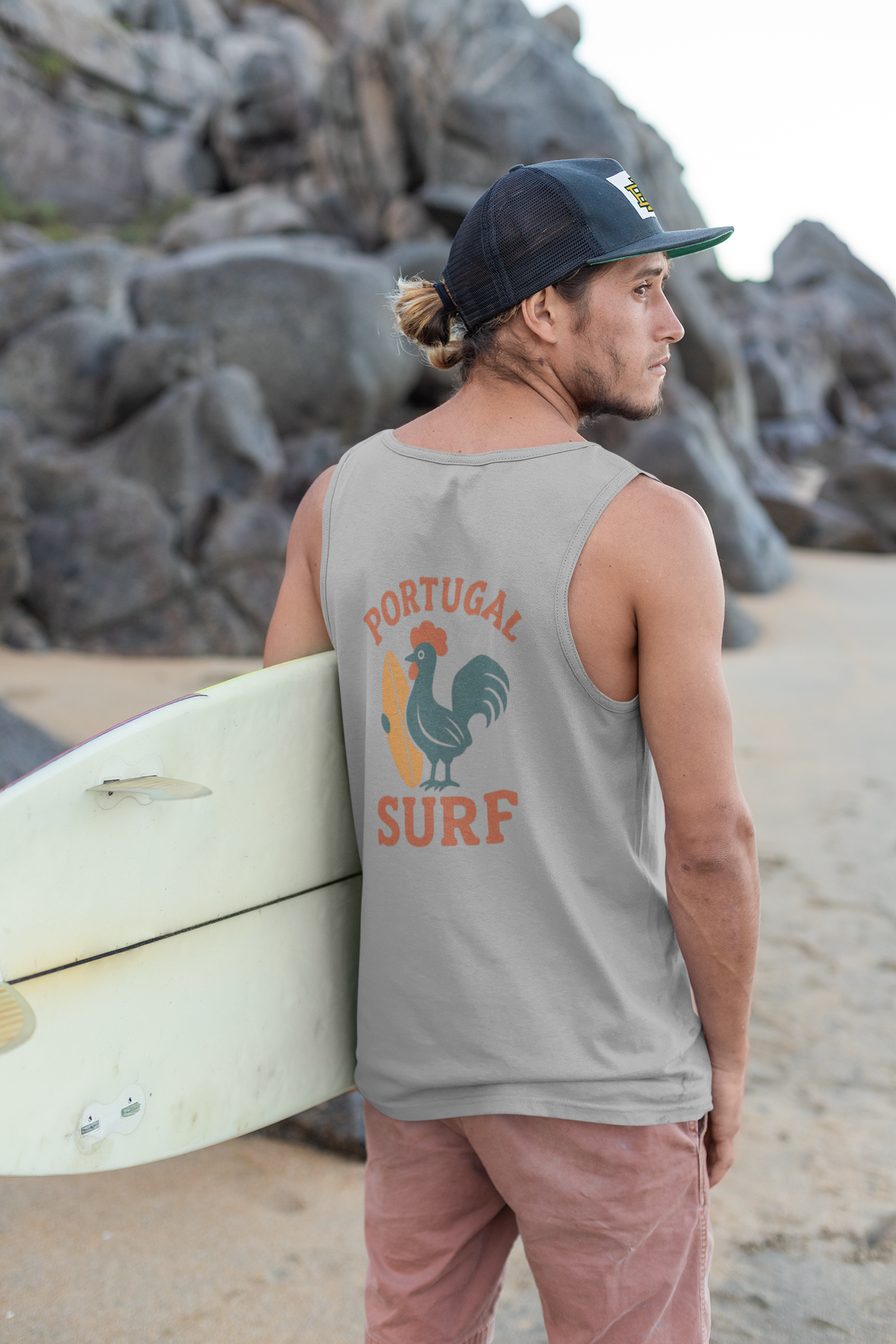 Side view of the Men’s Organic Surf Tank, relaxed beach fit.