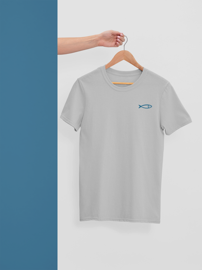 Light grey organic cotton crew neck t-shirt with small blue minimalist sardine graphic, eco-friendly gift from Portugal.