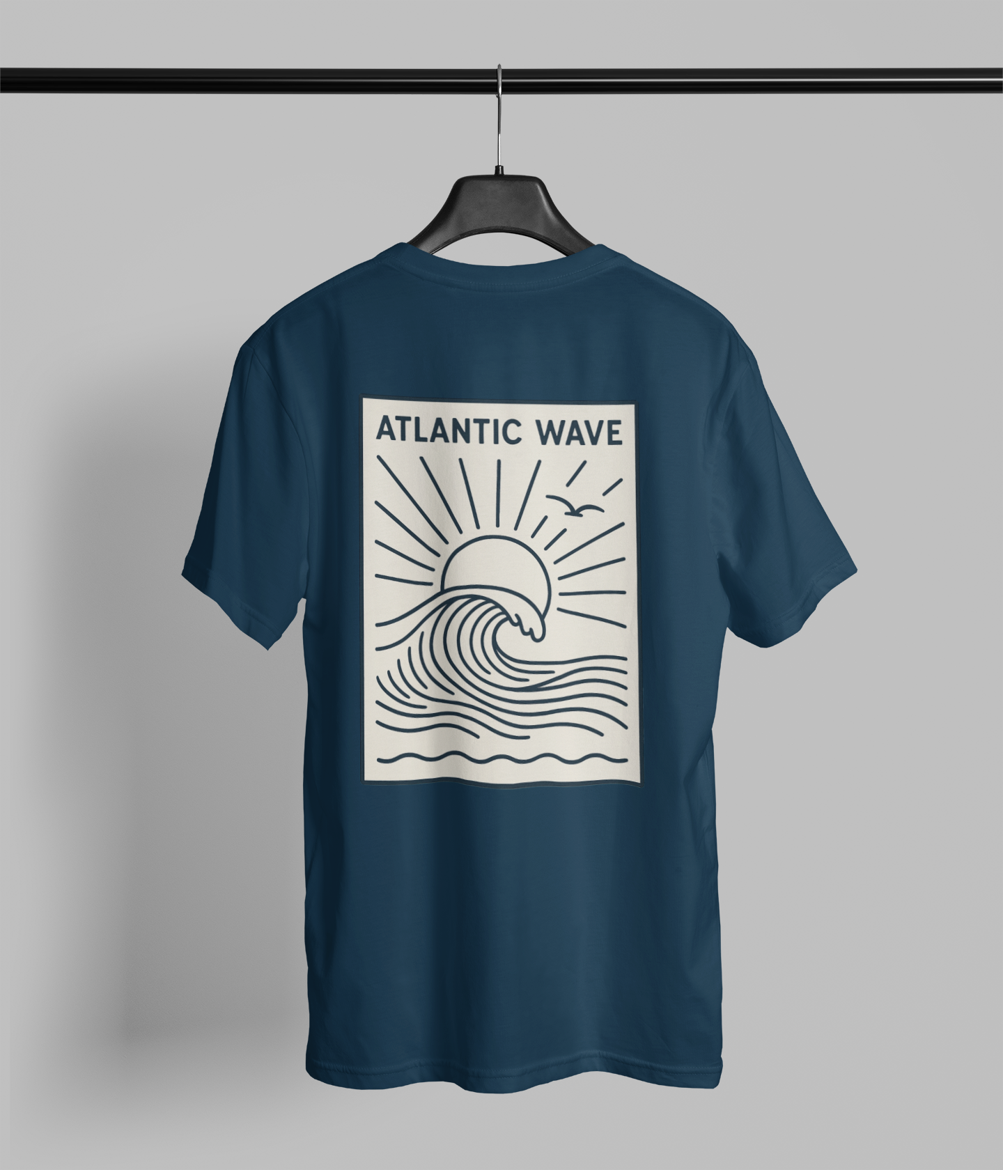 Back view of t-shirt with minimalist surfboard logo in retro style.