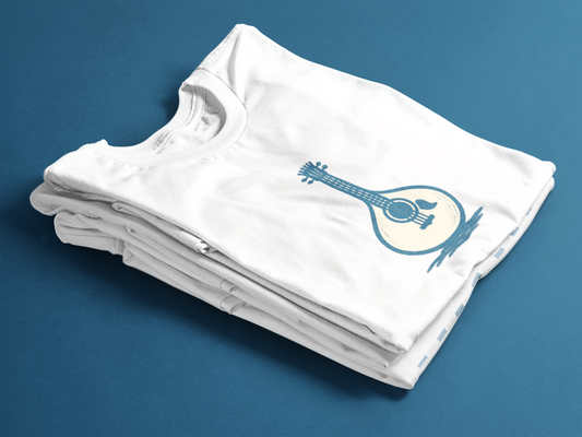 Line-art Portuguese guitar printed on white shirt.