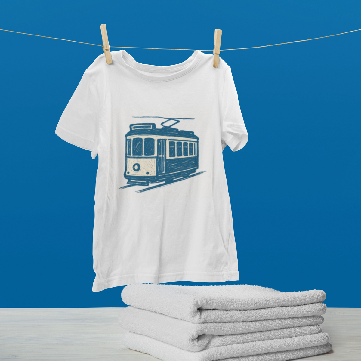 Eco-conscious shirt with artistic tram print.