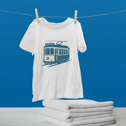 Eco-conscious shirt with artistic tram print.